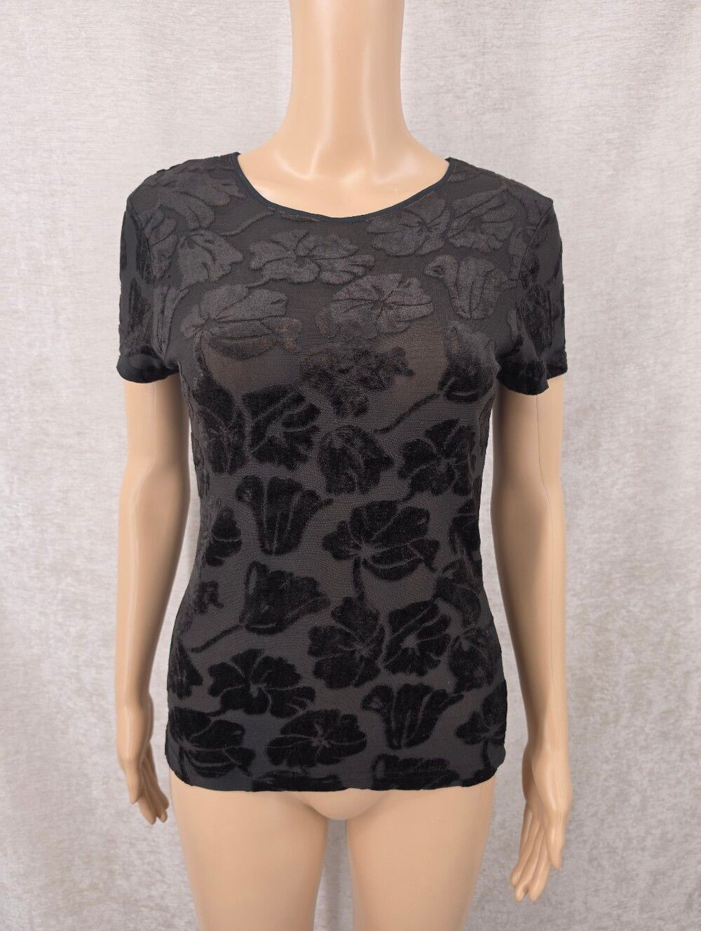 Vintage Y2K Sheer Mesh Black Floral Velvet Burnout Short Sleeve Top Whimsigoth